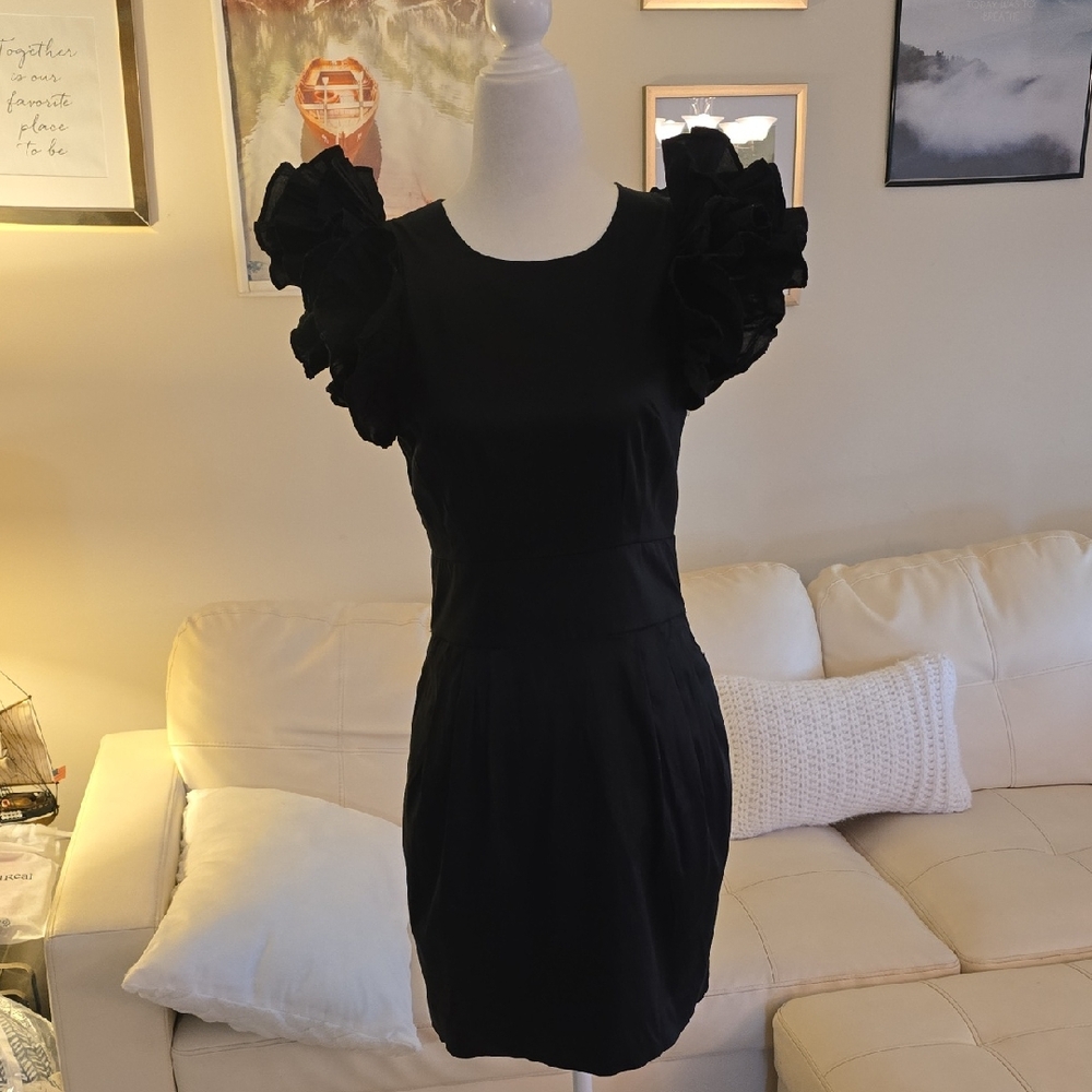 French Connection Black Mini Dress with Ruffle Sleeves